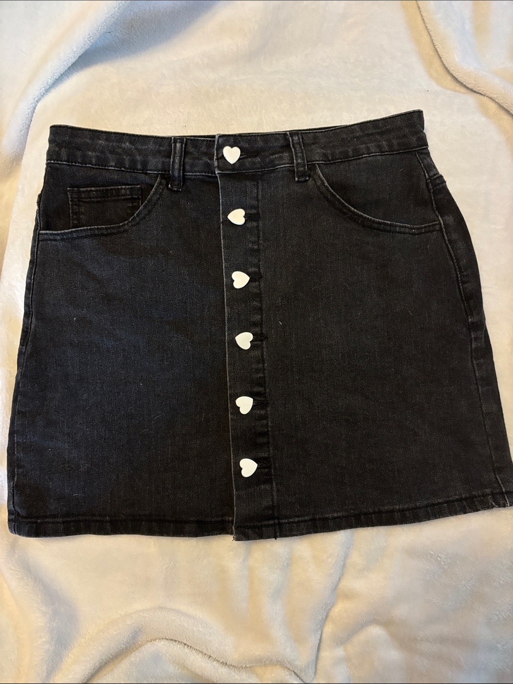 Black Denim Mini Skirt with Heart Button Detail